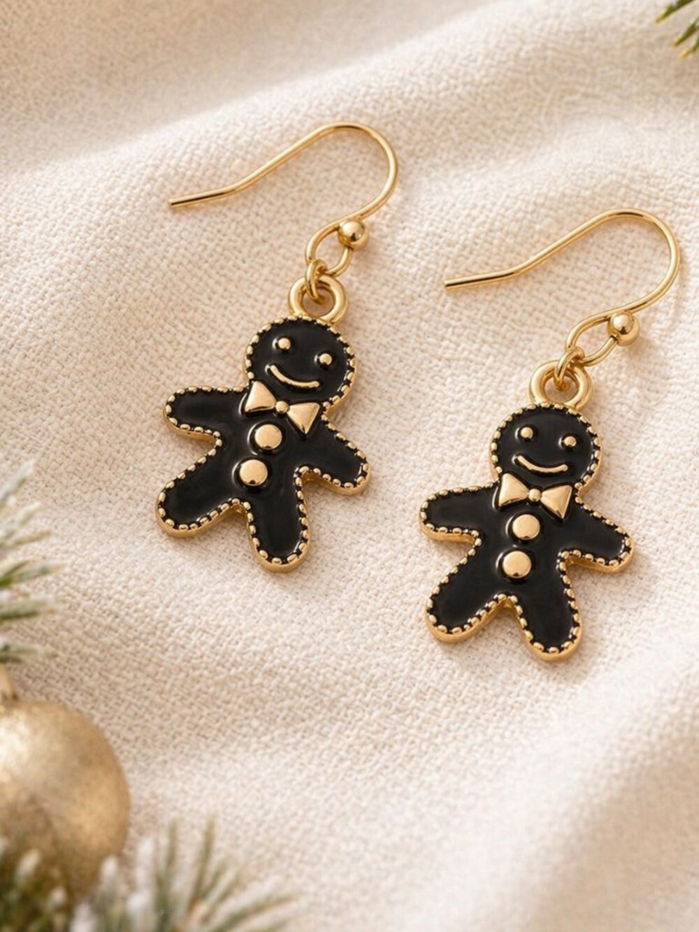 Gingerbread Man Dangle Earrings Black Gold Enamel Cookie Christmas Holiday